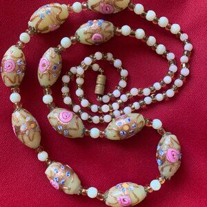 Murano Glass Beaded Necklace Pink Cream Roses Wedding Cake Style Art Handpainted
